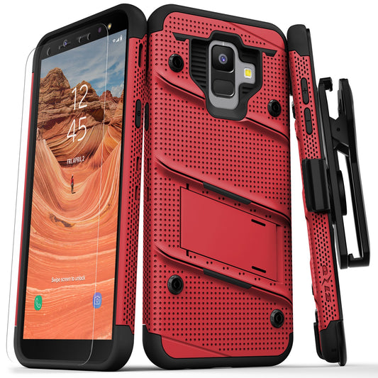 Galaxy A6 Zizo BOLT Cover w/ Full Edge to Edge Tempered Glass Screen Protector Holster, Kickstand, Lanyard - Red / Black (1607)