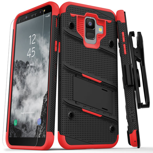 Galaxy A6 Zizo BOLT Cover w/ Full Edge to Edge Tempered Glass Screen Protector Holster, Kickstand, 1