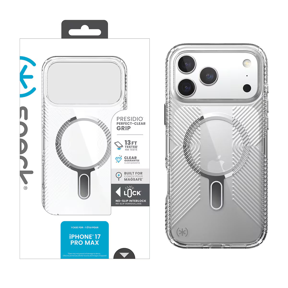 SPECK Apple iPhone 17 Pro Max Presidio Perfect-Clear Grip with ClickLock Case CLEAR/SILVER( 1103343) (MSRP $69.99)