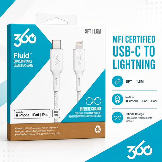 360 Fluid USB-C to MFi Lightning Braided Charging Cable 5ft Granite - WHITE ( 1107990) (MSRP $49.99)