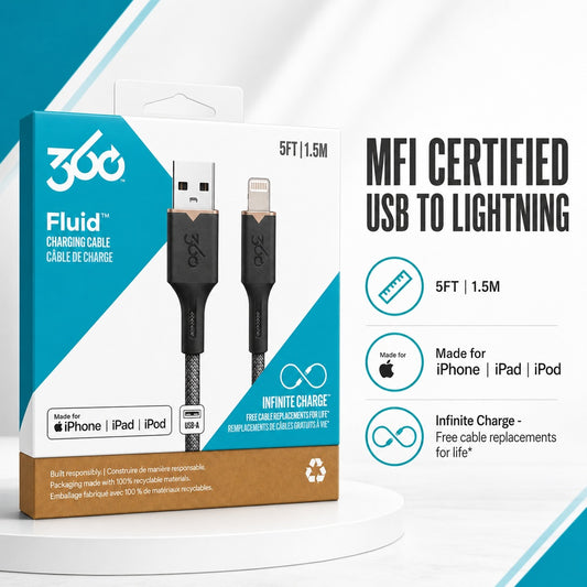 360 Fluid USB A to MFi Lightning Braided Charging Cable 5ft Granite - Black ( 1107991) (MSRP $49.99)