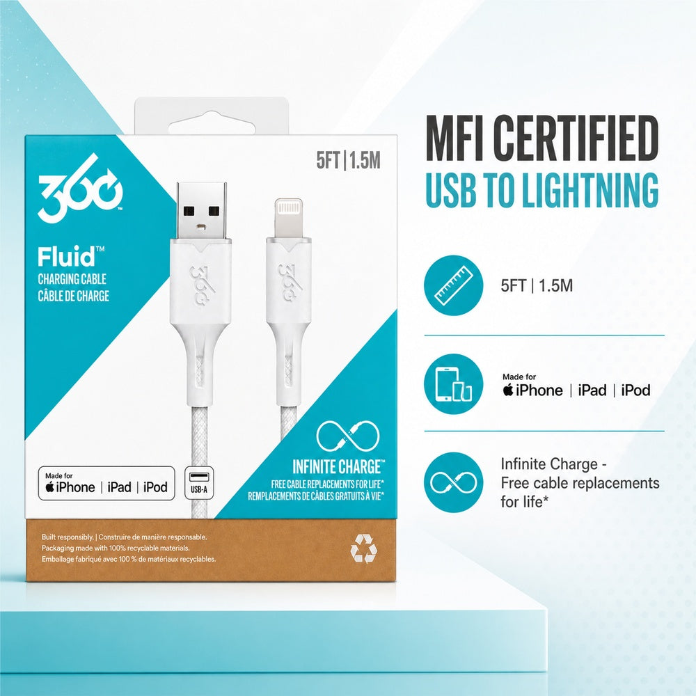 360 Fluid USB A to MFi Lightning Braided Charging Cable 5ft Granite - WHITE ( 1107992) (MSRP $49.99)