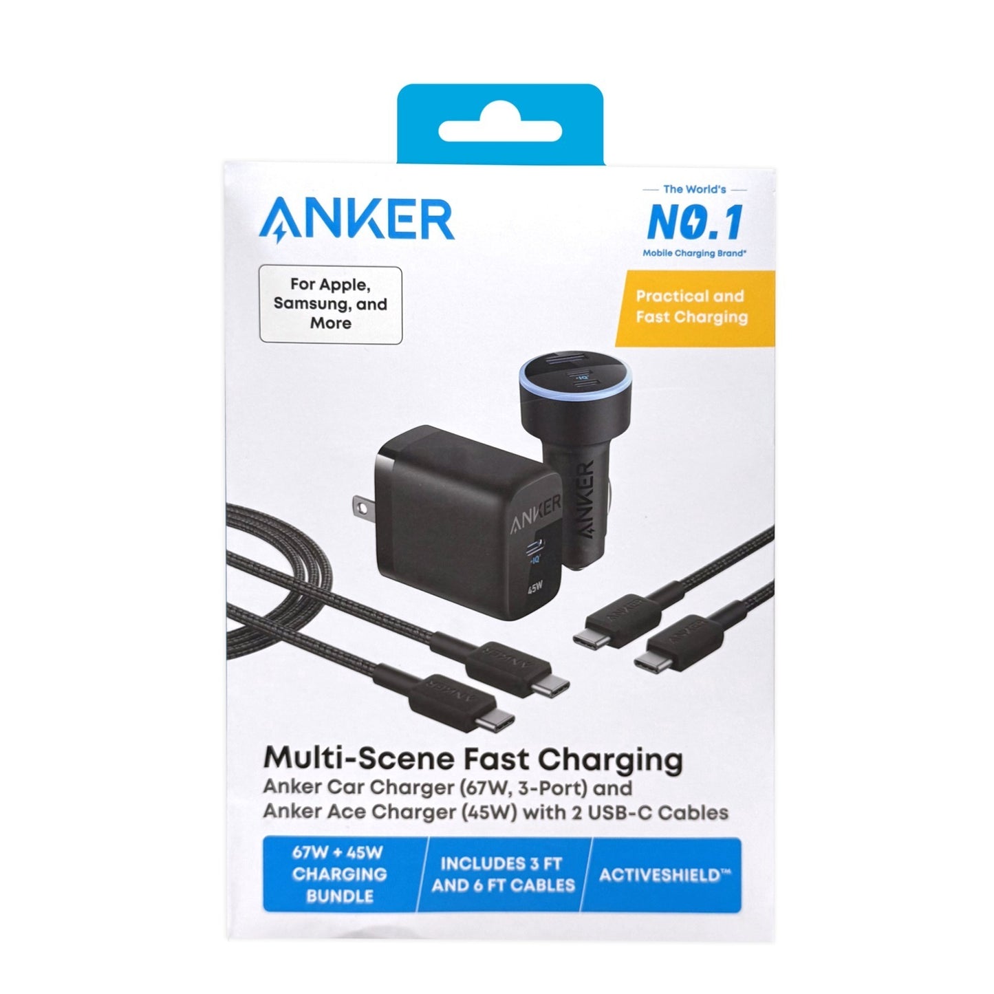 ANKER 4-IN-1 BUNDLE (45W WALL CHARGER, 67W CAR CHARGER, 3' USB-C CABLE, 6' USB-C CABLE) - BLACK (1103106) (MSRP $99.99)