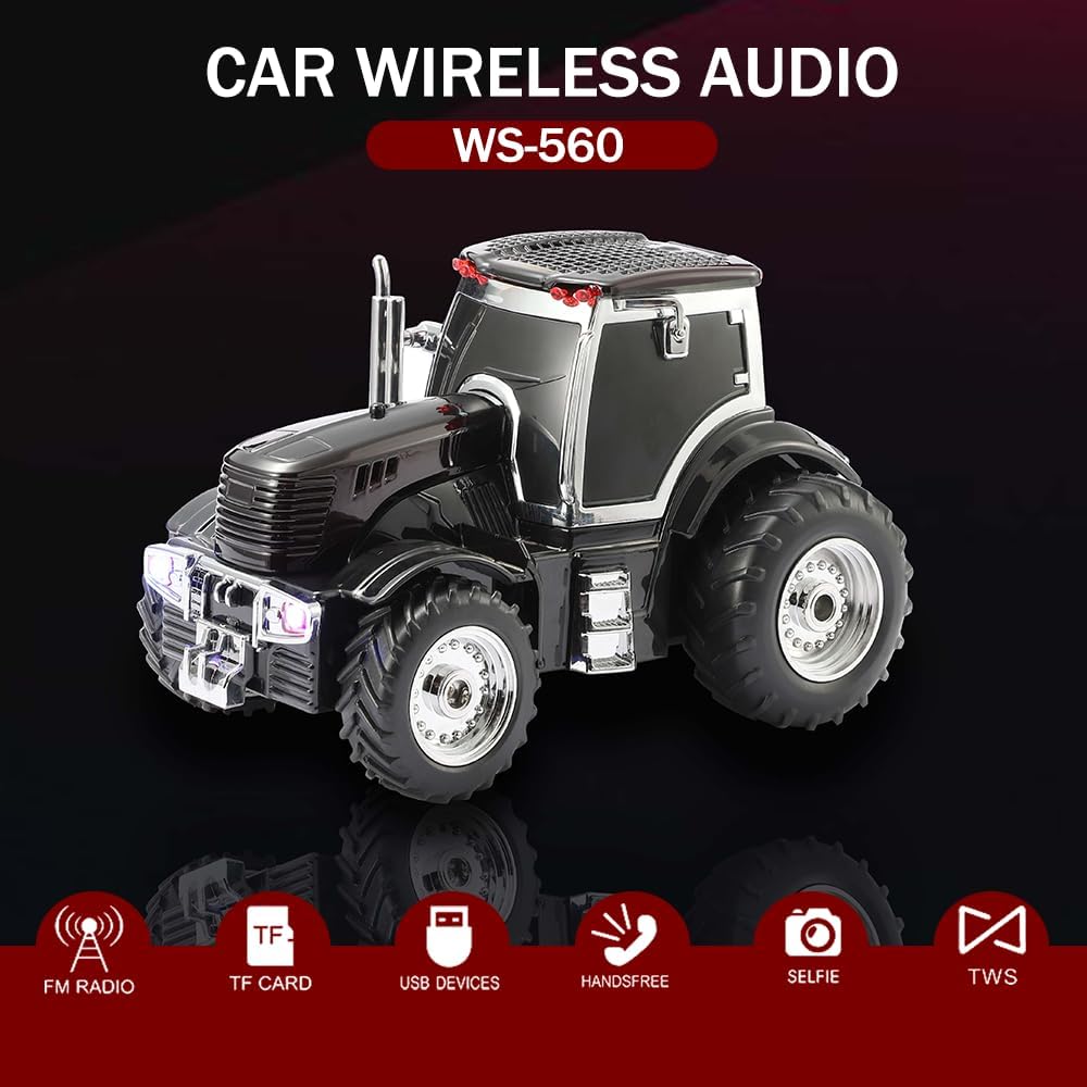 WS-560 Modern Tractor Bluetooth Replica Speaker – Portable Wireless Speaker with HD Sound, TWS, LED Party Light, USB/TF, FM, Built-in Microphone, Surprise Gift (Black) ( 1103708) (MSRP $49.99)