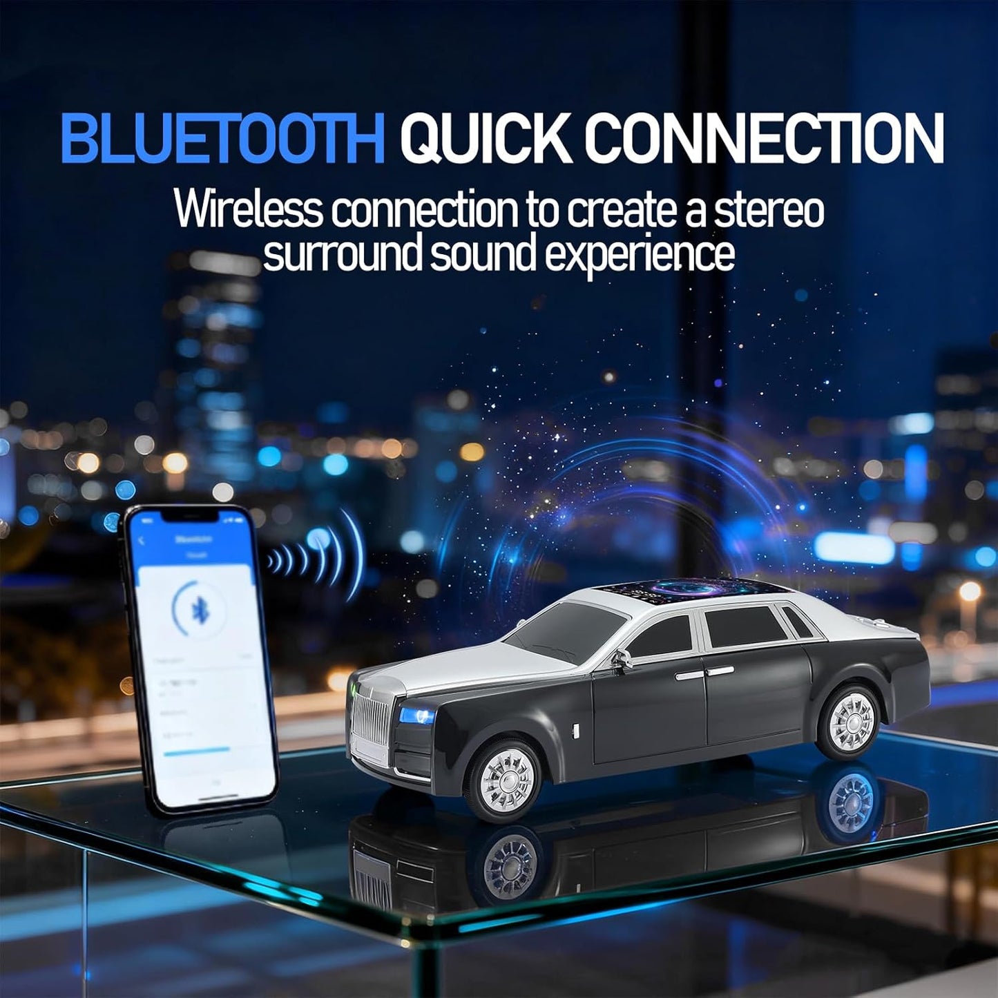 WS-610 Luxury Sedan Replica Bluetooth Speaker – LED Starry Sky Screen Display, HD Sound, TWS Stereo,FM Radio, USB/TF Playback, Built-in Microphone, Portable Wireless Gift for Car Enthusiasts ( 1103716) (MSRP $89.99)