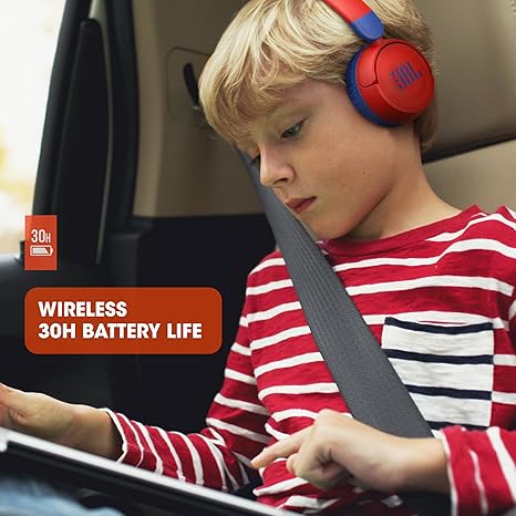 JBL Jr310BT Kids Wireless On-Ear Headphones - Bluetooth Headphones with Microphone, Safe Sound Under 85dB Volume, 30H Battery, Foldable, Comfort, Easy, Soft, Cool Colors (Red)  ( 1103540) (MSRP $49.99)