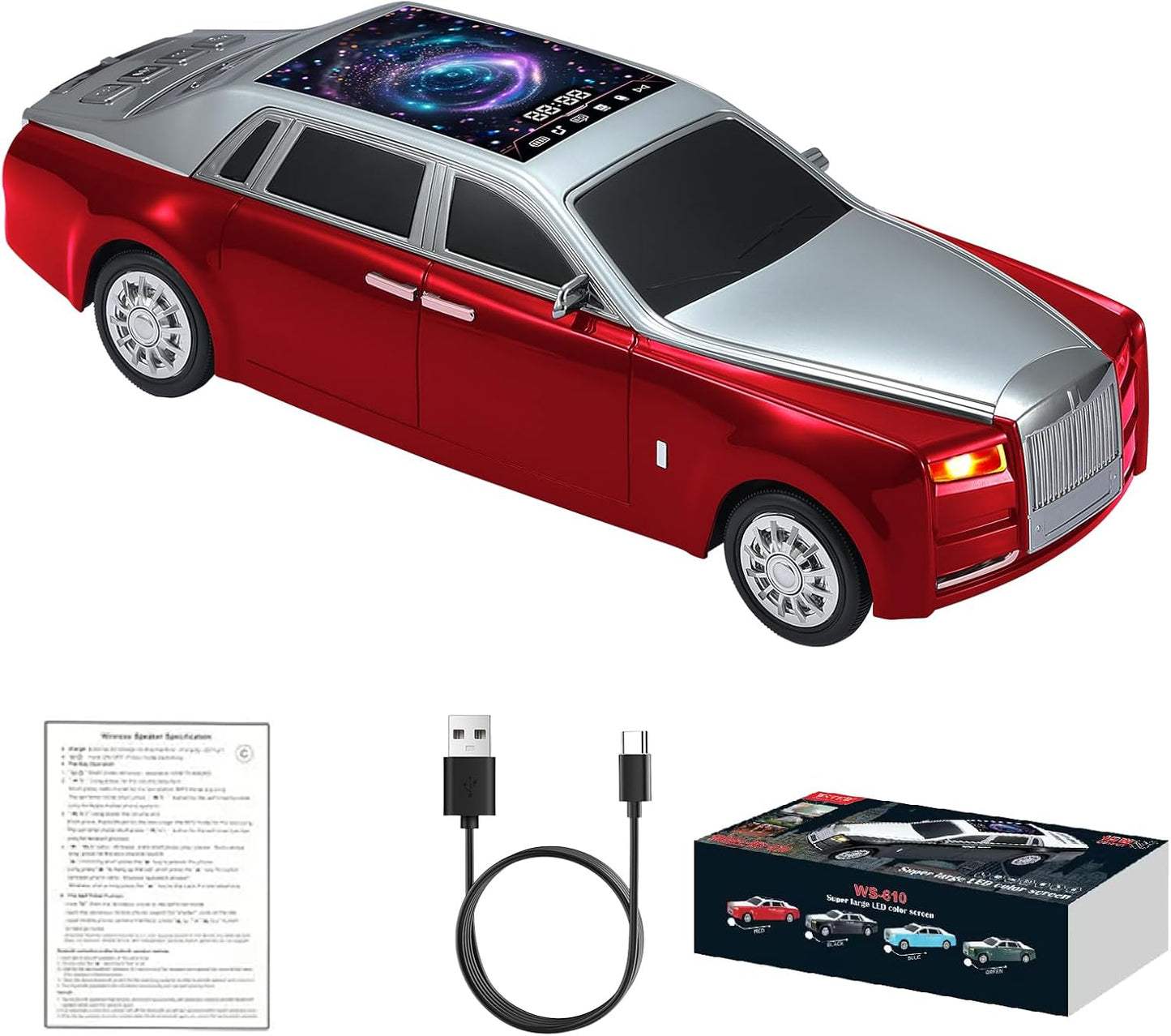 WS-610 Luxury Sedan Replica Bluetooth Speaker – LED Starry Sky Screen Display, HD Sound, TWS Stereo,FM Radio, USB/TF Playback, Built-in Microphone, Portable Wireless Gift for Car Enthusiasts ( 1103716) (MSRP $89.99)