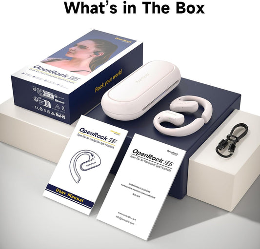 OpenRock S Open-Ear Air Conduction Headphones, Bluetooth 5.3 Earbuds, 60H Playtime, Deep Bass, IPX5 , ENC Mic- White  ( 1107528) (MSRP $99.99)
