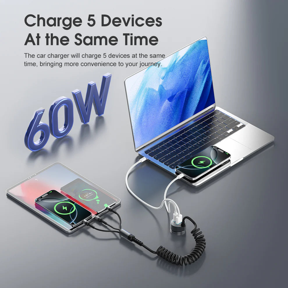 ESEEKGO C-35BK Retractable 60W Car Charger with 3 In 1 Cable  (1107579) (MSRP 59.99)