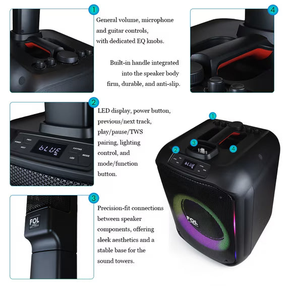 FOL FS-T868 LED Lighting Wireless Tower Speaker with Wireless Microphone, Black, 4 Count ( 1107974) (MSRP $499.99)