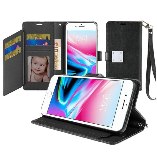 Apple iPhone 7/8 Plus Wristlet Magnetic Metal Snap Wallet-Black(4751)