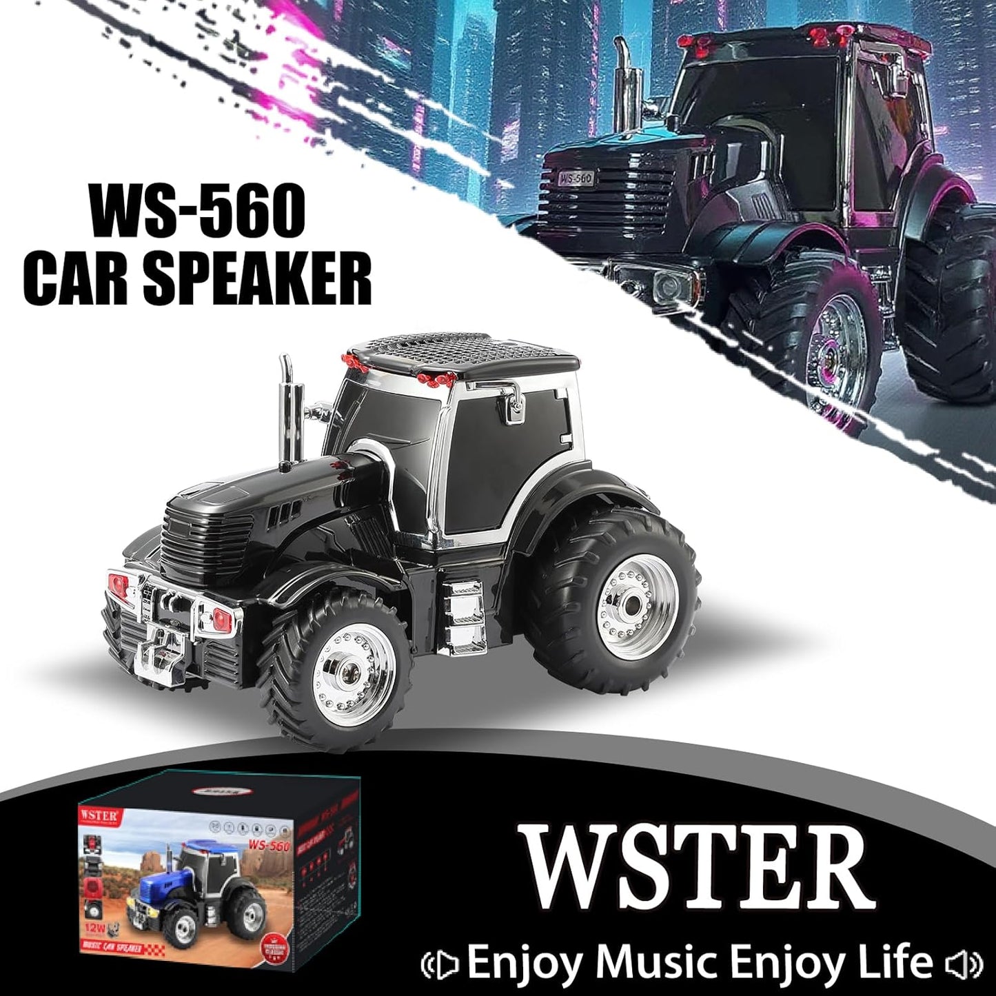 WS-560 Modern Tractor Bluetooth Replica Speaker – Portable Wireless Speaker with HD Sound, TWS, LED Party Light, USB/TF, FM, Built-in Microphone, Surprise Gift (Black) ( 1103708) (MSRP $49.99)