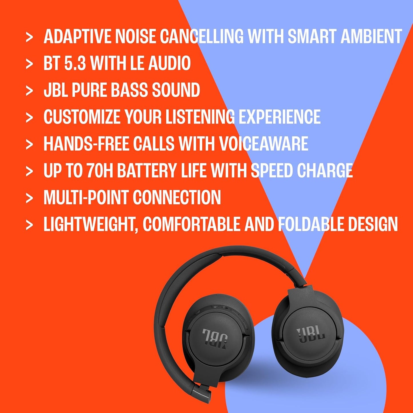 JBL Tune 770NC - Adaptive Noise Cancelling with Smart Ambient Wireless Over-Ear Headphones, Bluetooth 5.3, Up to 70H Battery Life with Speed Charge, Lightweight, Comfortable & Foldable Design (Black) ( 1107652) (MSRP $149.99)