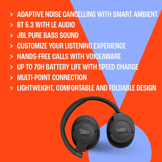 JBL Tune 770NC - Adaptive Noise Cancelling with Smart Ambient Wireless Over-Ear Headphones, Bluetooth 5.3, Up to 70H Battery Life with Speed Charge, Lightweight, Comfortable & Foldable Design (Black) ( 1107652) (MSRP $149.99)