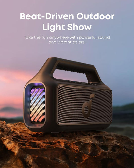 soundcore Boom 2 By Anker, Outdoor Speaker, 80W, Subwoofer, BassUp 2.0, 24H Playtime, IPX7 Waterproof, Floatable, RGB Lights, USB-C, Custom EQ, Bluetooth 5.3, Portable for Camping, Beach, and Backyard (1103081) (MSRP 169.99)