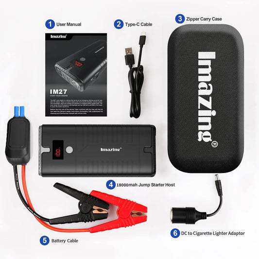 Imazing Portable Car Jump Starter 2000A Peak 18000mAH, 12V Auto Battery Booster Portable Power Pack with LCD Display Jumper Cables, QC 3.0 and LED Light (1102812)
