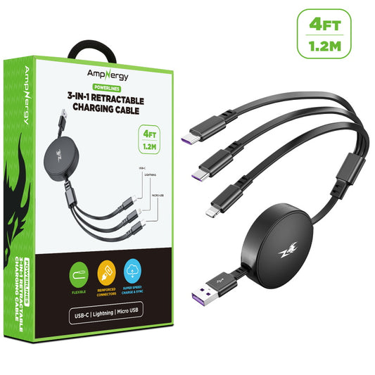 AmpNergy PowerLines 3-in-1 Retractable Charging Cable - 4FT - Black (1107565) (MSRP 39.99)