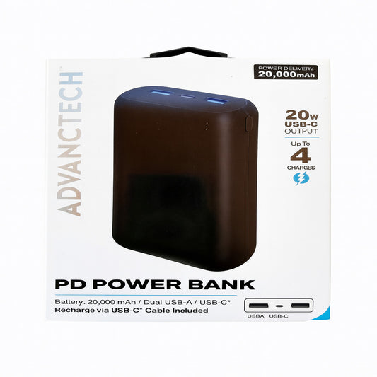 Advanctech 20W 20,000 Mah PD Power Bank with Dual USB A USB C Ports in Black - UPTO 4 CHARGES - TYPE C CABLE INCLUDED   ( 1103629) (MSRP $59.99)