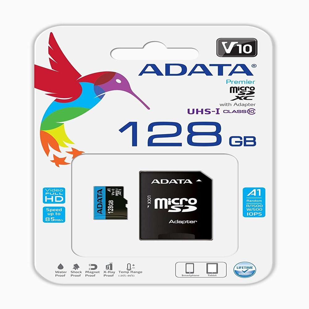 ADATA Premier 128GB MicroSDHC/SDXC UHS-I Class 10 V10 A1 Memory Card with Adapter Read up to 100 MB/s (AUSDX128GUICL10A1-RA1) (1103530)