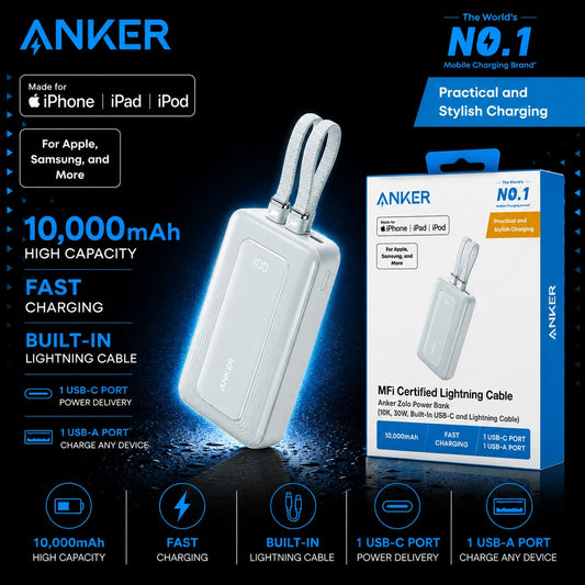 Anker 10000mAh 30W Power Bank with Built In USB C and Lightning Cable - BLUE ( 1108168) (MSRP $69.99)