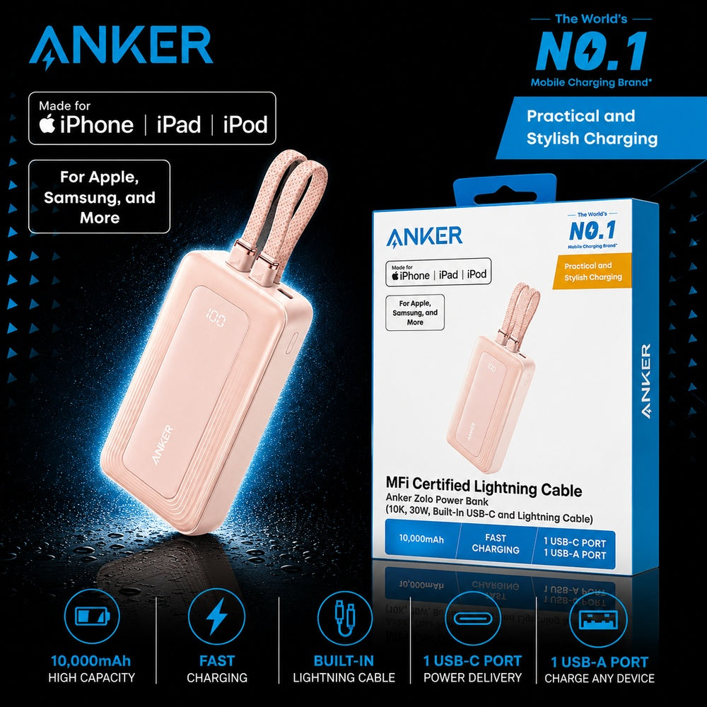 Anker 10000mAh 30W Power Bank with Built In USB C and Lightning Cable - PINK ( 1108042) (MSRP $69.99)