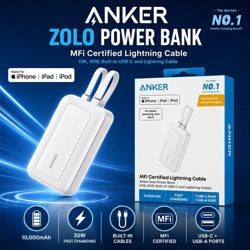 Anker 10000mAh 30W Power Bank with Built In USB C and Lightning Cable - WHITE ( 1108043) (MSRP $69.99)