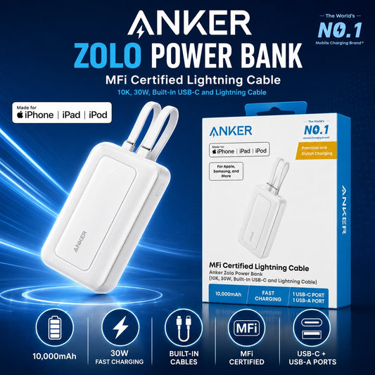 Anker 10000mAh 30W Power Bank with Built In USB C and Lightning Cable - WHITE ( 1108043) (MSRP $69.99)