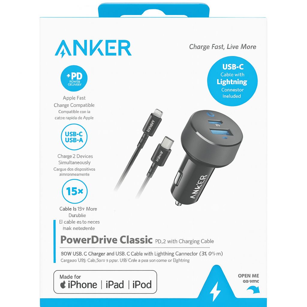 Anker PowerDrive 30W Apple MFi Certified Vehicle Car Charger (USB-C PD + USB-A) w/ USB-C to Lightning Cable â€“ Black ( 1107696) (MSRP $59.99)