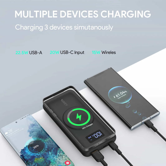 AUKEY Portable 10000mAh Power Bank, 20W PD 3.0 USB C, 10W Qi Wireless Charger with Foldable Stand - Black (1102782)