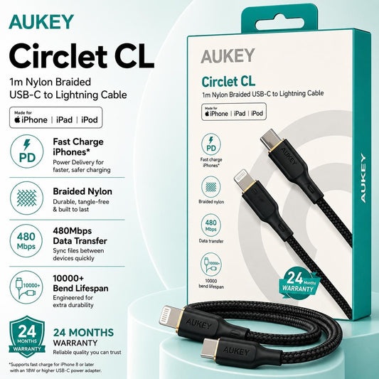 AUKEY MFI 1M USB-C TO LIGHTNING - BLACK ( 1107978) (MSRP $39.99)