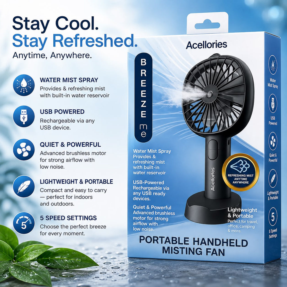 ACELLORIES [MISTING FAN] (BLACK) - PORTABLE RECHARGEABLE ( 1108041) (MSRP $39.99)
