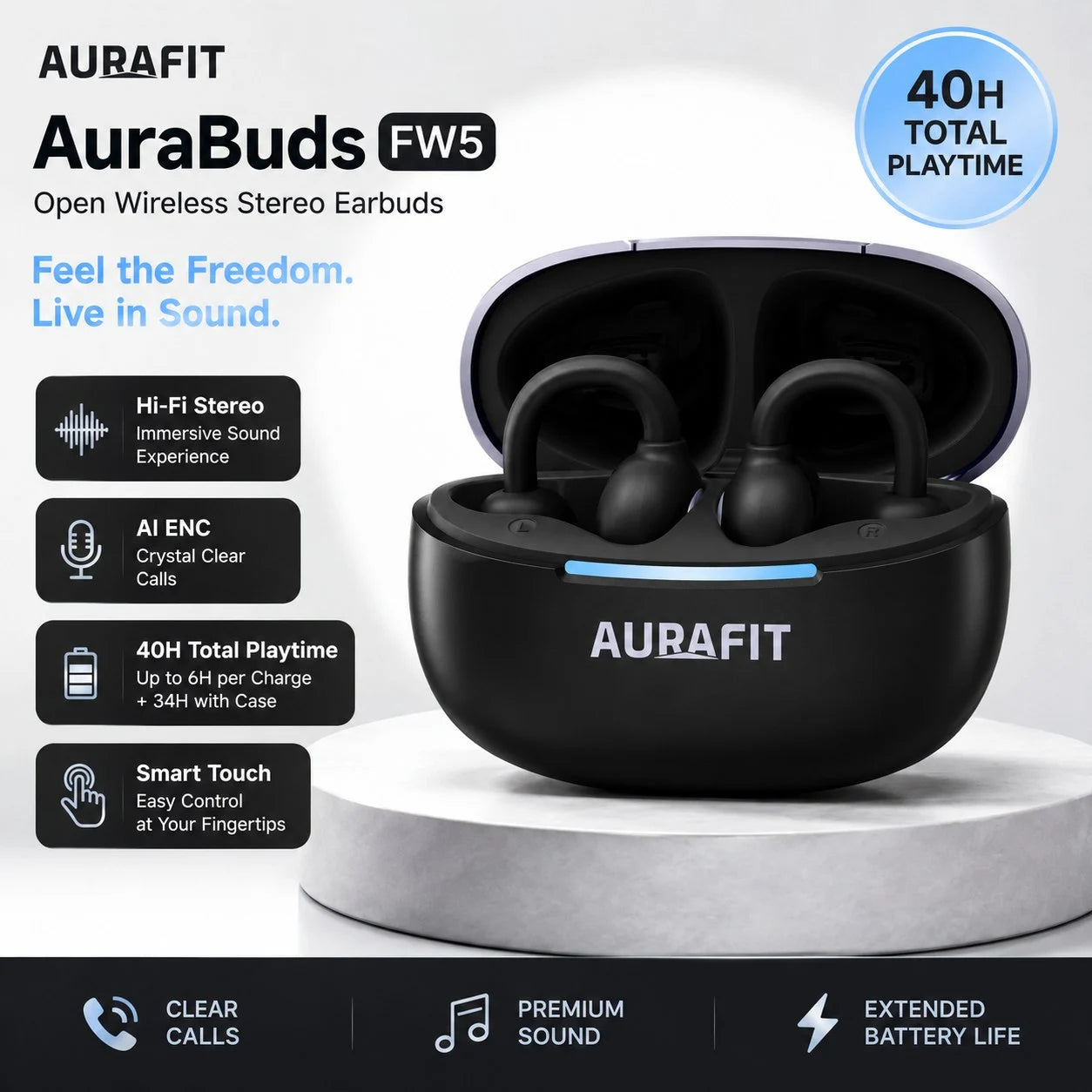 AuraBuds Wireless TWS Earbuds with AI Translation Support, premium audio performance, Bluetooth connectivity, and compact charging case. Color: Black (1107920) (MSRP $69.99)