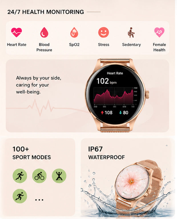 AuraFit Women's Smart Watch featuring AMOLED Display, Premium Zinc Alloy Casing, AI Watch Faces, Slim Fashion Design. Stylish premium design built for everyday wear. Color: Rose Gold (1107924) (MSRP $99.99)