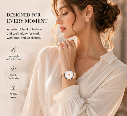 AuraFit Women's Smart Watch featuring AMOLED Display, Premium Zinc Alloy Casing, AI Watch Faces, Slim Fashion Design. Stylish premium design built for everyday wear. Color: Rose Gold (1107924) (MSRP $99.99)