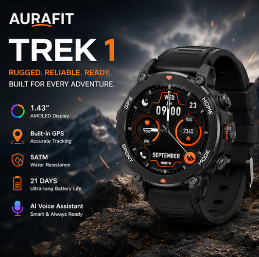 AuraFit Rugged Outdoor Smart Watch featuring Built-in GPS, AMOLED Display, Dual-Band Connectivity, Long Battery Life, 5ATM Water Resistance. Designed for active lifestyles and everyday performance. Color: Black  (1107926) (MSRP $129.99)