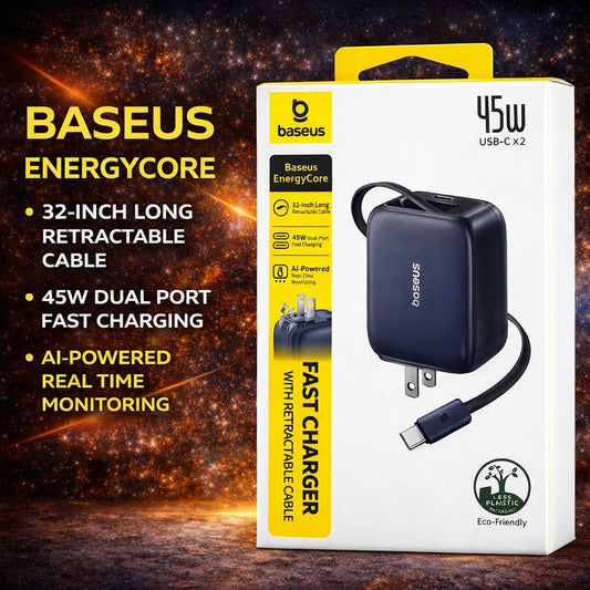 BASEUS 45W DUAL RETRACTABLE ADAPTER WITH CABLE - ENERGYCORE - CJ11 - BLACK ( 1107717) (MSRP $69.99)