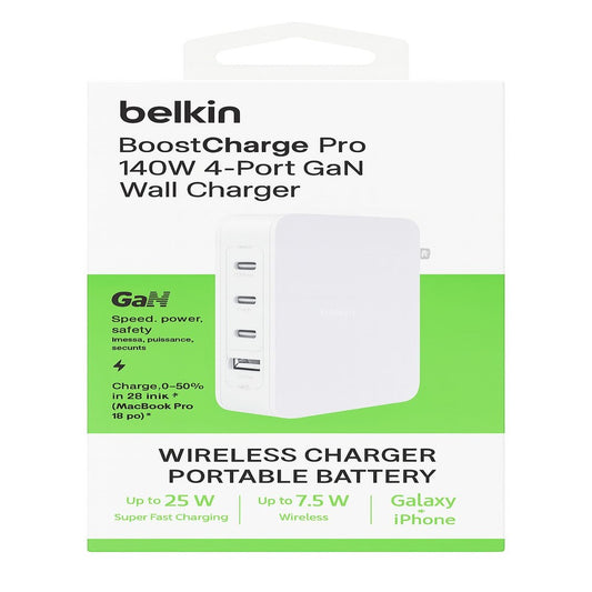 Belkin 4-Port Charger Block 140W, GaN Charger USB-C Power Delivery Fast Charge & USB-A Port - MacBook, Apple iPhone 17, Air, iPad, Samsung Galaxy S25, Google Pixel 10, Nintendo Switch 2 & More - White ( 1103377) (MSRP $139.99)
