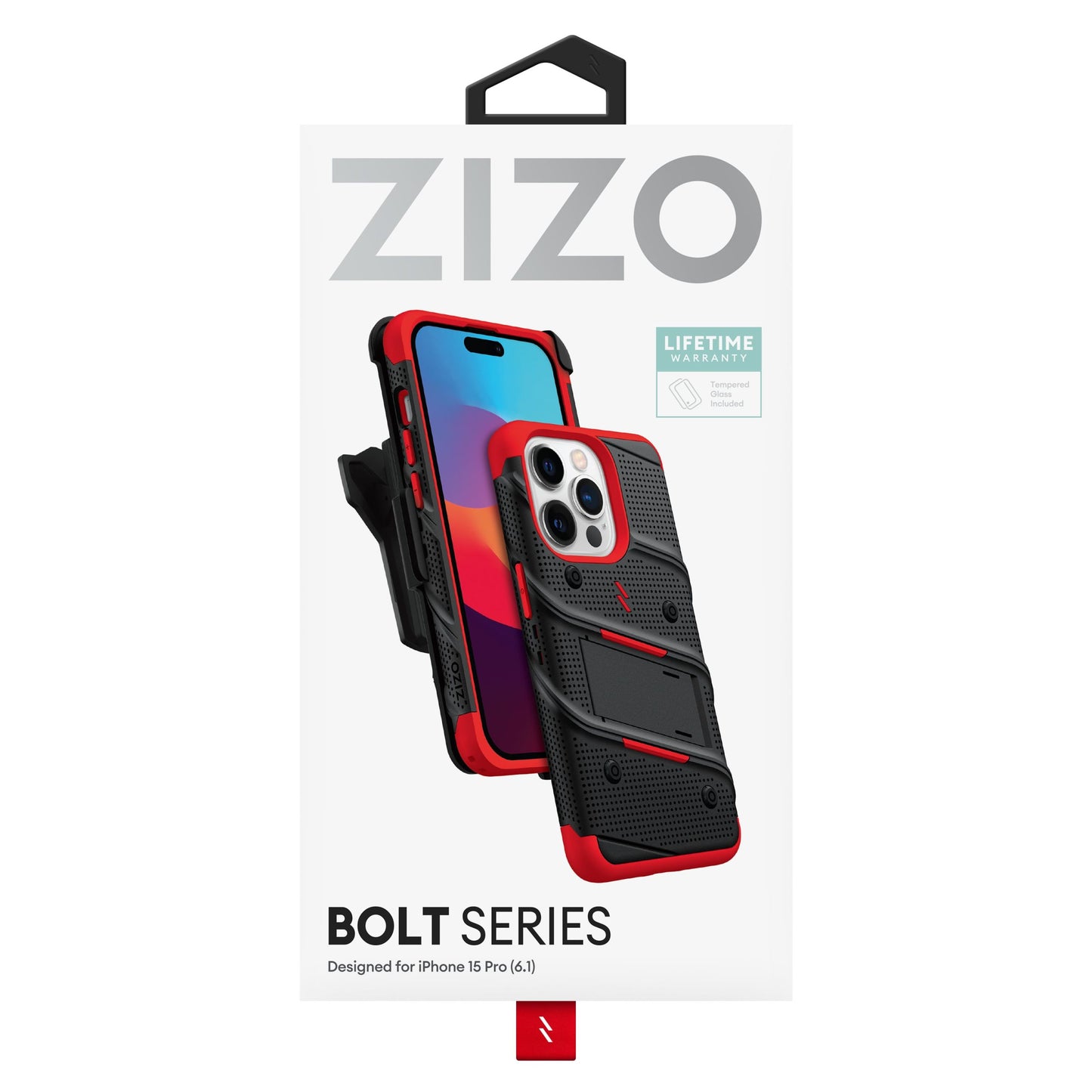 ZIZO BOLT BUNDLE IPHONE 15 PRO CASE WITH TEMPERED GLASS - BLACK & RED (1106159)