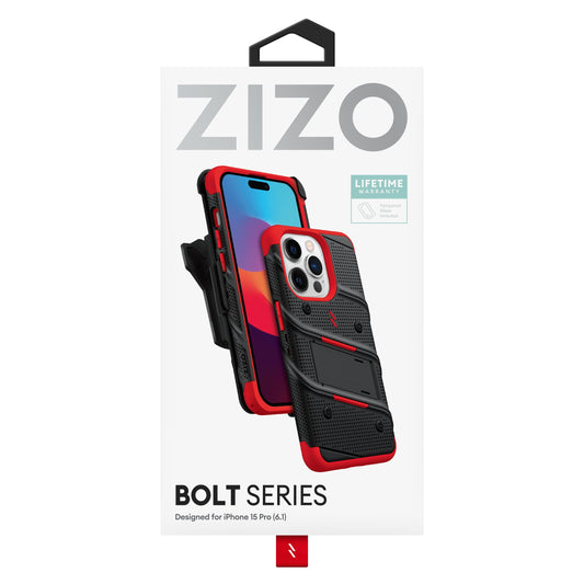 ZIZO BOLT BUNDLE IPHONE 15 PRO CASE WITH TEMPERED GLASS - BLACK & RED (1106159)