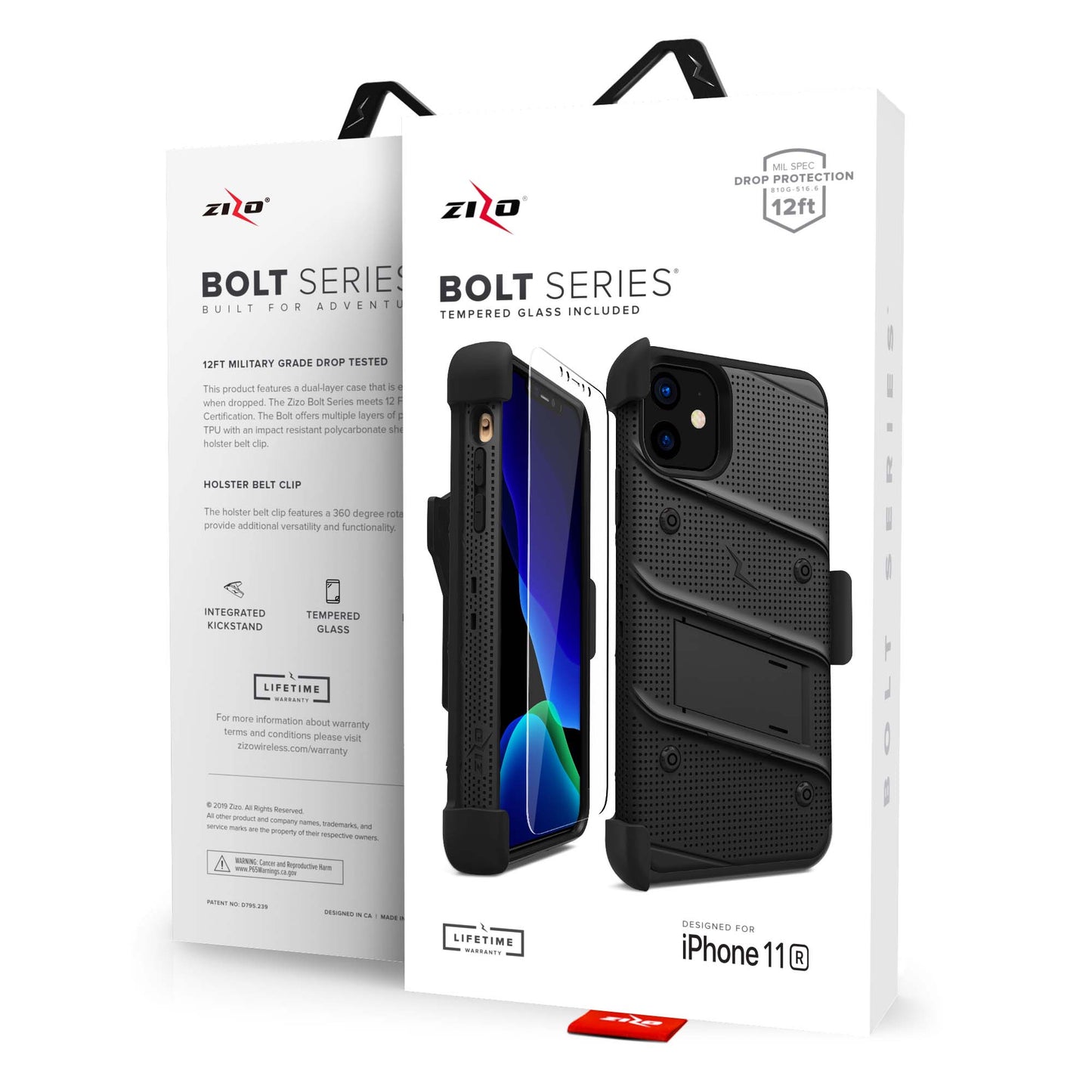 APPLE iPHONE 11 ZIZO BOLT SERIES CASE - BUILT-IN KICKSTAND BELT HOLSTER AND TEMPERED GLASS SCREEN PROTECTOR - BLACK (1105234)