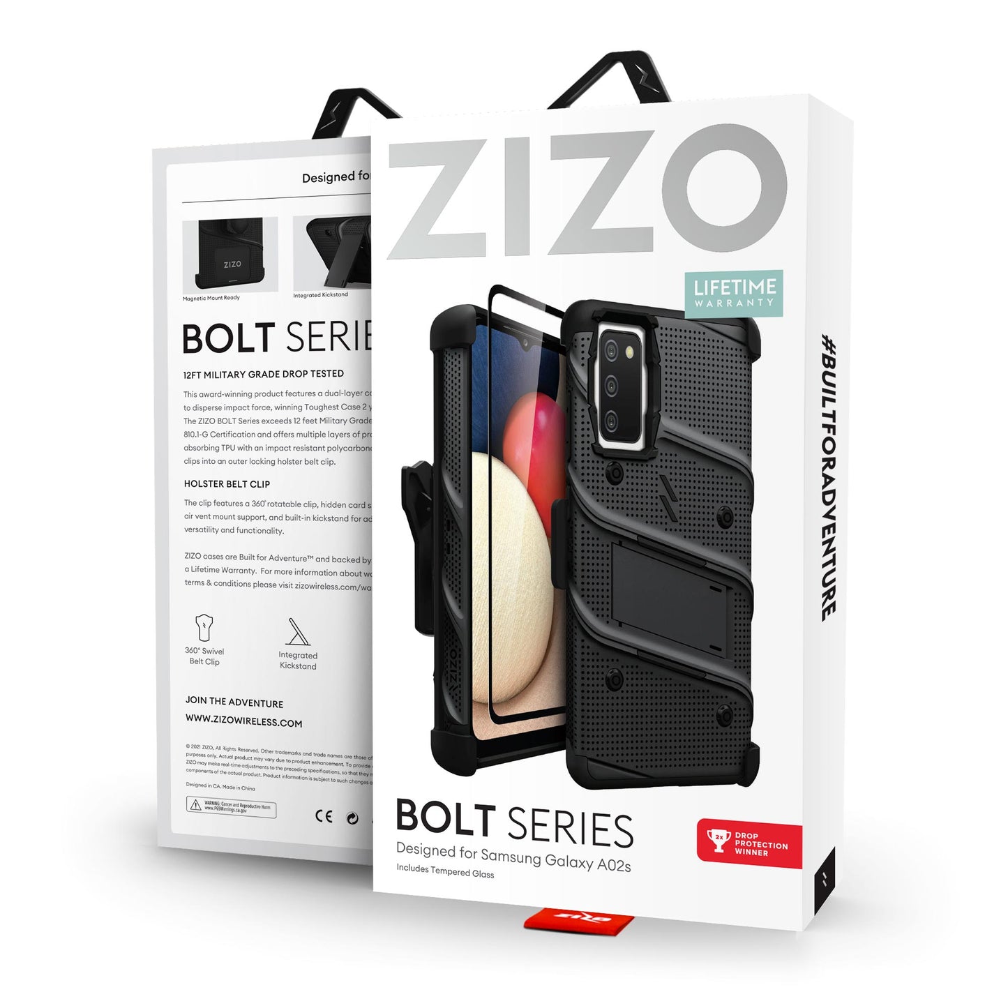 SAMSUNG GALAXY A02S ZIZO BOLT SERIES CASE W/TEMPERED GLASS - BLACK (1100964)