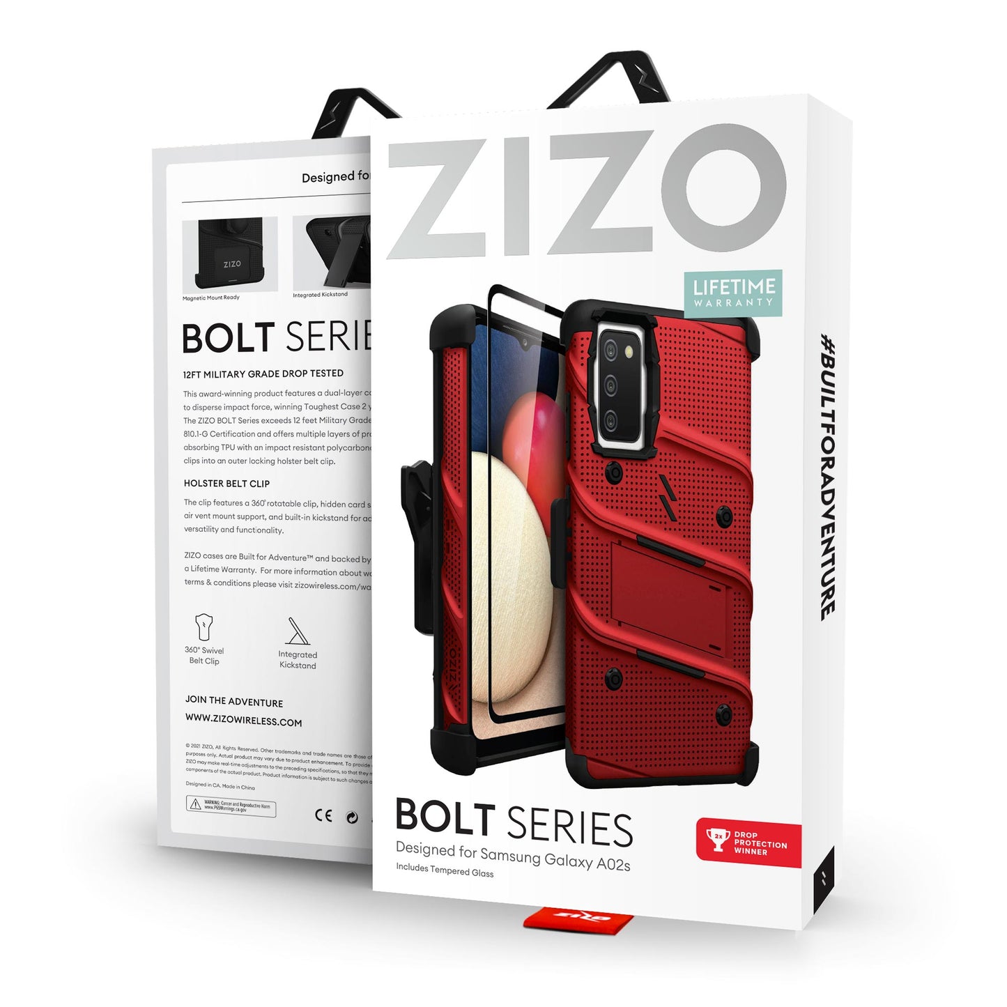 SAMSUNG GALAXY A02S ZIZO BOLT SERIES CASE W/TEMPERED GLASS - RED (1100963)