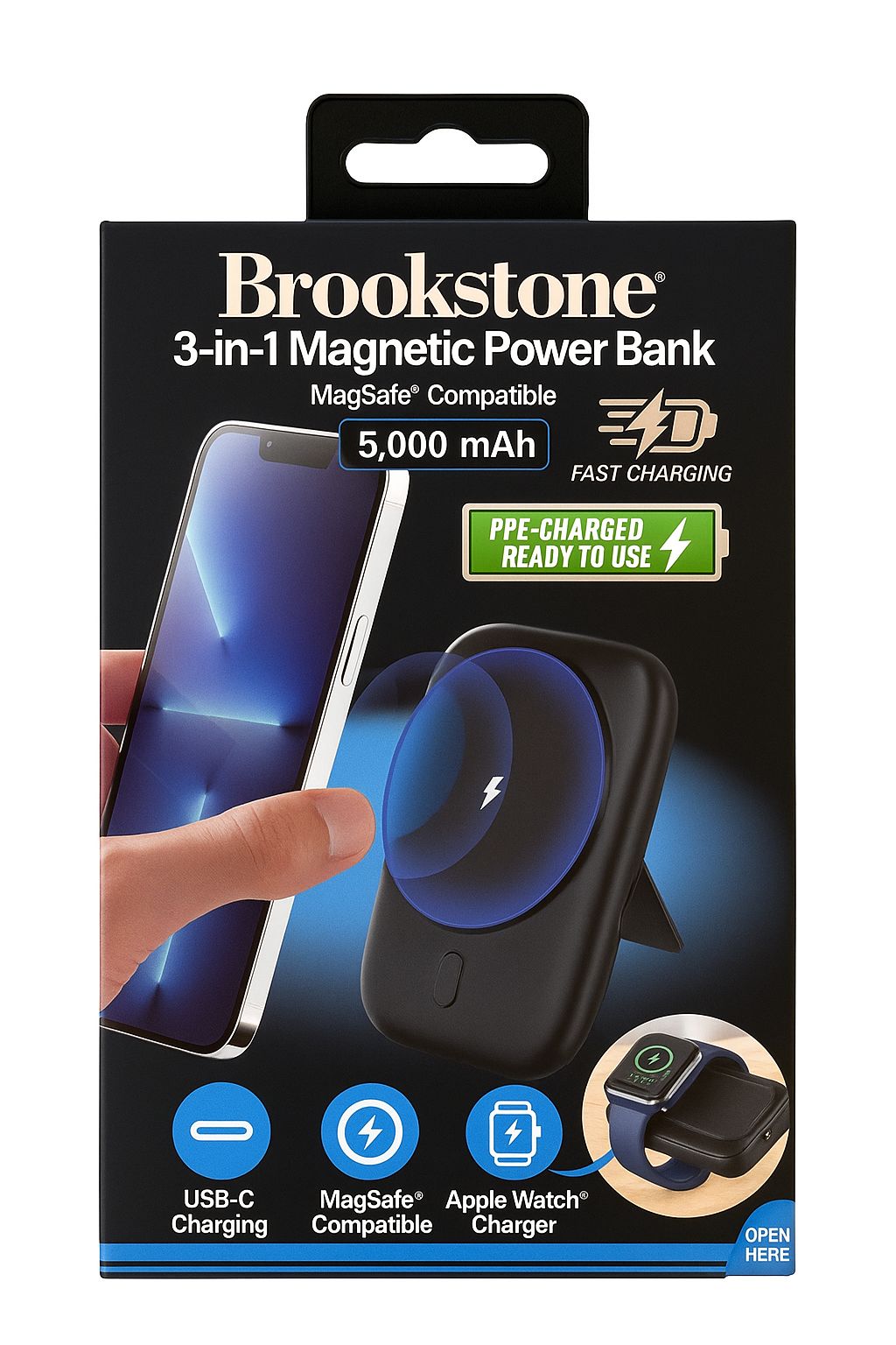Brookstone 3-in-1 MagSafe Wireless Power Bank with Stand & Apple Watch Charging Feature - 5000 MAH- MAGSAFE COMPATIBLE - USB-CHARGING - BUILT IN KICKSTAND - BLACK ( 1103543) (MSRP $59.99)