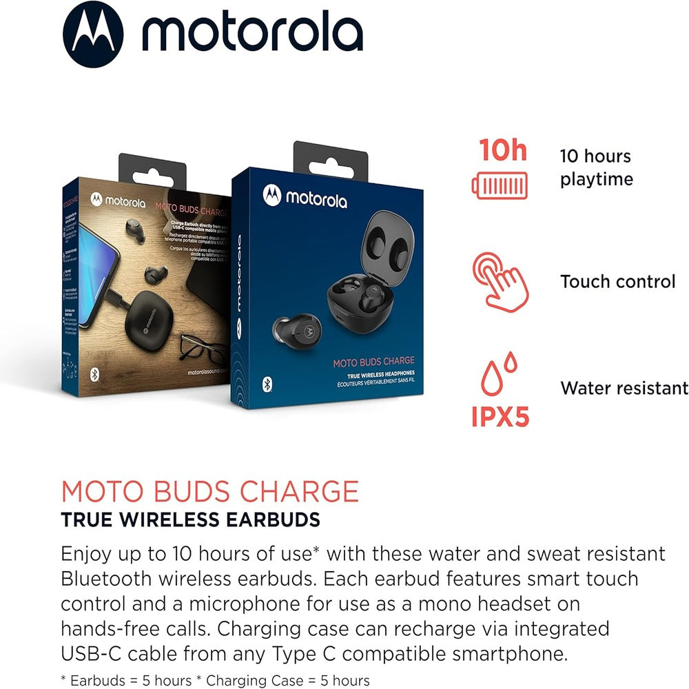 Motorola Moto Buds Charge - True Wireless Bluetooth Earbuds with Microphone - Lightweight, IPX5 Water Resistant, Touch-Control - Comfort Fit and Clear Sound - Includes Micro Charging Case - Black (1103046) (MSRP 69.99)