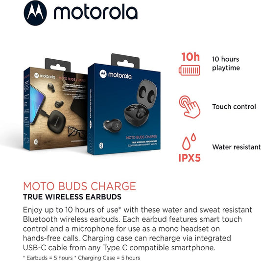 Motorola Moto Buds Charge - True Wireless Bluetooth Earbuds with Microphone - Lightweight, IPX5 Water Resistant, Touch-Control - Comfort Fit and Clear Sound - Includes Micro Charging Case - Black (1103046) (MSRP 69.99)