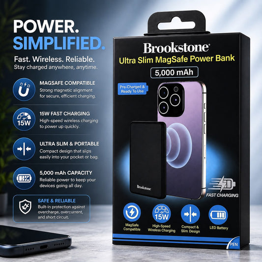BROOKSTONE [ULTRA-SLIM MAGNETIC POWER BANK] (15W 20W 5000MAH PD-TypeC BLACK) - FAST CHARGE ( 1108083) (MSRP $49.99)