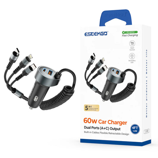 ESEEKGO C-35BK Retractable 60W Car Charger with 3 In 1 Cable  (1107579) (MSRP 59.99)