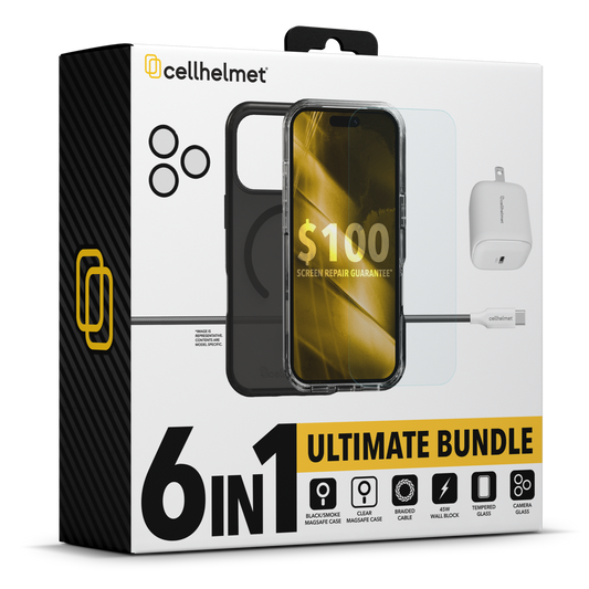 Cellhelmet 6 Pack Bundle - iPhone 18/17 Pro  - Black & Clear Case, Tempered Glass $100, Camera Glass, 40 Watt PD Block, 6' Braided C-C Cable (1108235) (MSRP $159.99)