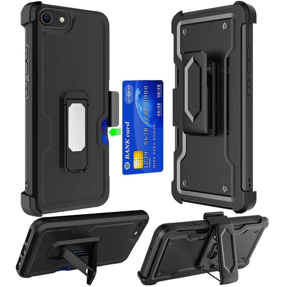 Apple iPhone SE 3 (2022) SE/8/7 CARD Holster with Kickstand Clip Hybrid Case Cover - Black (1104974)