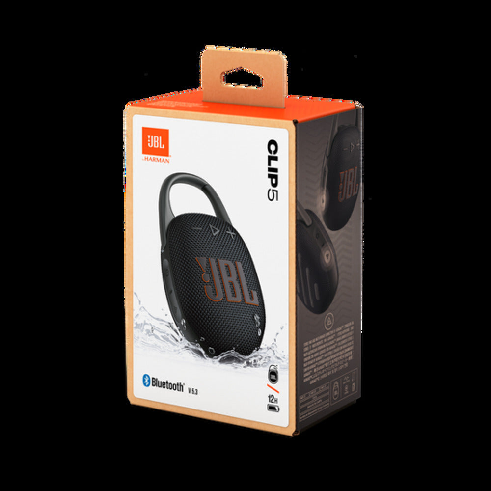 JBL Clip 5 - Ultra-Portable, Waterproof & Dustproof Bluetooth Speaker, Big Pro Sound with punchy bass, Integrated carabiner, Up to 12 Hours of Play, Made in part with recycled materials (Black) (1107100)